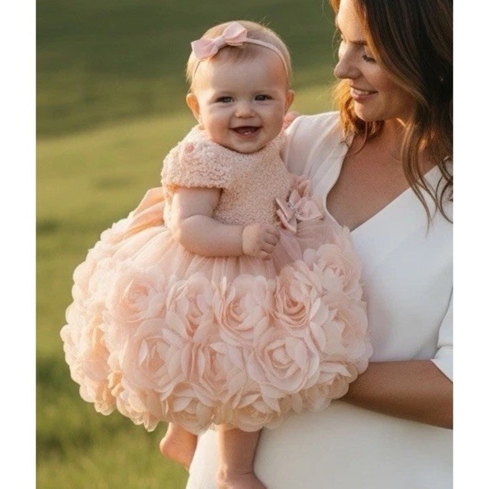 Nanette Baby Designer Dress Newborn 0/3 months Rose Pink Rosette Formal Pictures